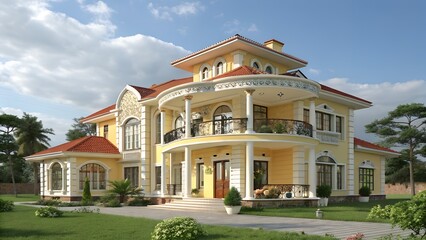 A grand yellow house stands proudly under a blue sky with white clouds.