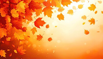 Vivid illustration of falling autumn leaves in warm, golden sunlight, creating a beautiful seasonal scene.
