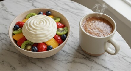 Fresh and Colorful Fruit Salad with Whipped Cream Next to a Warm Coffee on a Marble Surface