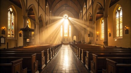 Sunlight streams through stained glass windows, illuminating the empty pews inside a grand church.