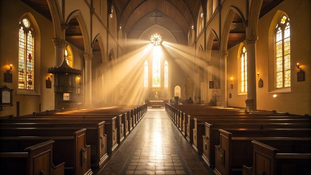 Sunlight streams through stained glass windows, illuminating the empty pews inside a grand church. - Powered by Adobe