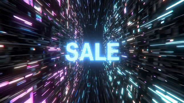 「SALE」ネオンシンボルが輝く3Dトンネルを駆け抜けるダイナミックなアニメーション：現代的で没入感のあるセール表現｜SALE,ネオン,3D,トンネル,セール

