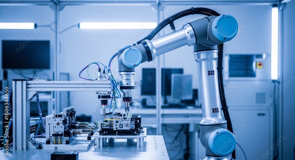 Poster a robotic arm works on a small object in a modern, high-tech industrial setting, surrounded by equip