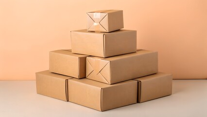 Several brown cardboard boxes are stacked in a pyramid shape against a soft peach background.