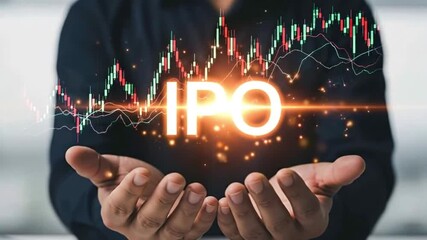 A person presents a glowing ipo stock market chart, symbolizing investment and financial growth - Powered by Adobe