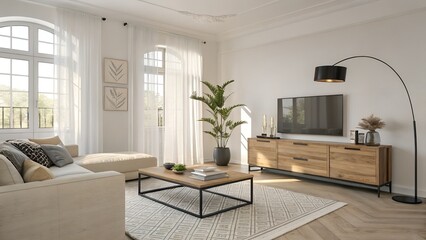 Fototapeta premium A bright living room displays a modern sectional sofa and a wooden media console with a large television and a curved floor lamp.