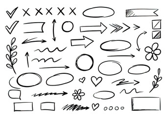 A collection of handdrawn doodles and sketches including arrows, circles, checkmarks, and decorative elements on a transparent background