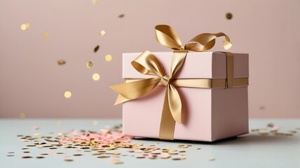 Obraz premium Pink gift box with gold ribbon and confetti