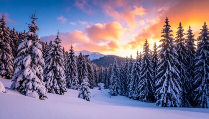 Obraz premium Snowy evergreens at sunrise