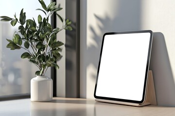 A tablet mockup leaning against a minimalistic stand