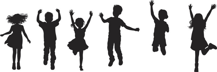 Joyful children silhouettes jumping, happy kids playing outdoors, energetic youth expression, carefree childhood moments, vibrant festive illustration, group activity artwork, playful celebration desi