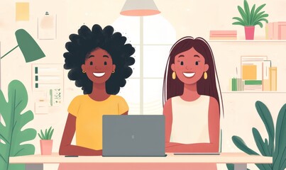 International Womens Day: Happy Equality Day with two interracial female work friends celebrating their achievements and promoting womens empowerment, Generative AI