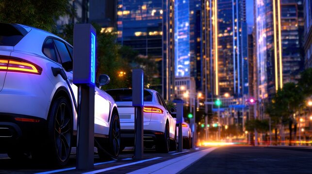 Electric cars parked at charging stations in a vibrant cityscape illuminated by neon lights