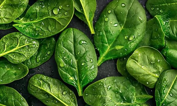 Close-up of fresh spinach leaves covered in water droplets (1)