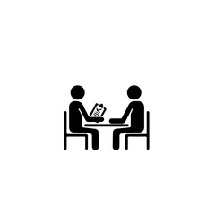 A simple black and white illustration of two people sitting at a table with a clipboard