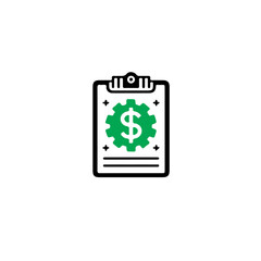 A clipboard with a green gear and dollar sign representing financial efficiency icon
