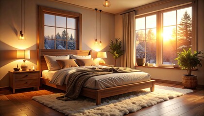 Cozy bedroom with large windows showcasing a stunning winter sunset.