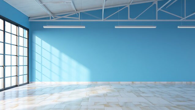 Bright Blue Modern Office Space Interior with Polished Marble Floor and Large Windows, Empty Contemporary Room with Industrial Ceiling and Natural Light