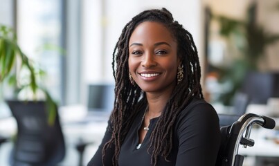 Inclusive image showing a happy smiling black African American disabled office colleague in a wheelchair, highlighting diversity and inclusivity in a workplace setting, Generative AI