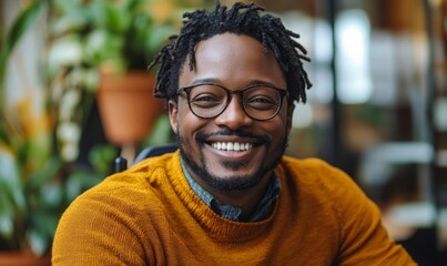 Inclusive image showing a happy smiling black African American disabled office colleague in a wheelchair, highlighting diversity and inclusivity in a workplace setting, Generative AI