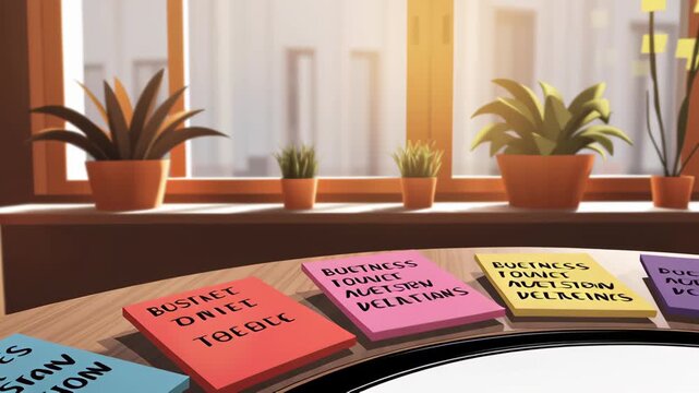 Colorful Sticky Notes on Table with Business Phrases, Potted Plants, and Sunlight Streaming Through Window in Sunlit Office