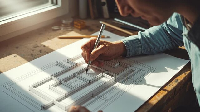 Architect Drawing Detailed Building Plan and Blueprint on Desk with Natural Light, Focus, and Creativity