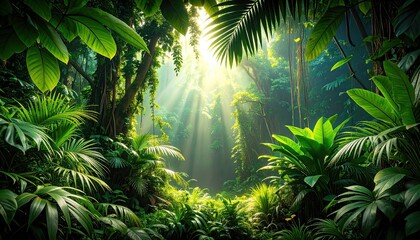 Sunbeams pierce dense tropical rainforest canopy, illuminating lush green foliage and creating a mystical atmosphere.