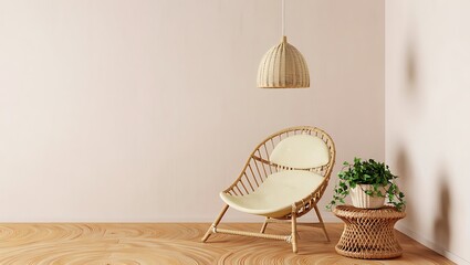 Interior With Rattan Chair, Side Table, and Pendant Light in Neutral Tones, Cozy Living Space With Natural Elements and Minimalist Design