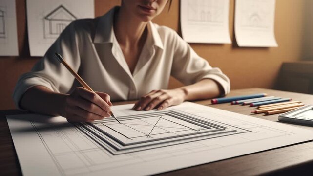 Architect Sketching Detailed Building Plans with Precision and Focus, Surrounded by Sketches, Blueprints, and Colored Pencils