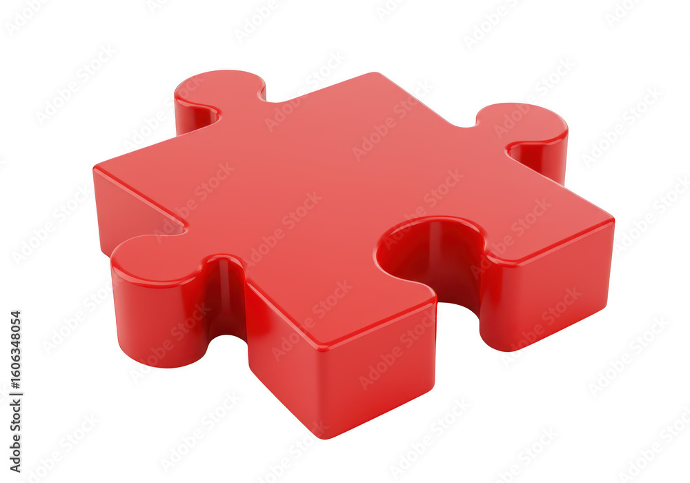 Poster a single, shiny red puzzle piece isolated on a plain transparent background, representing connection