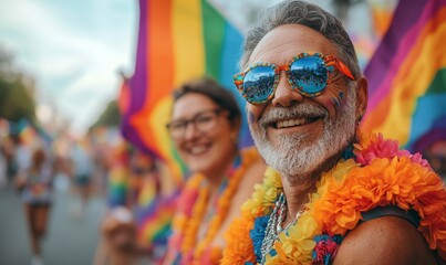 Senior gay friends celebrating pride festival with rainbow flags,  diversity and inclusion during a candid LGBTQ+ summer parade, Generative AI