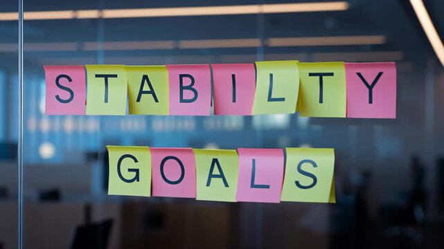 Sticky Notes on Glass Wall in Office Motivation and Planning for Stability Goals, Reflecting Office Stability and Motivation