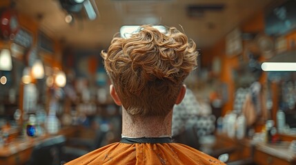 Man's curly reddish hair, seen from the back, in a warm, bokeh-filled interior, likely a barber shop