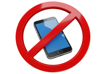 A red prohibition sign with a smartphone inside, indicating no phones allowed in this area isolated on transparent background