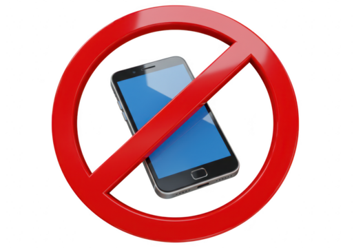 A red prohibition sign with a smartphone inside, indicating no phones allowed in this area isolated on transparent background