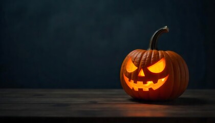 Spooky jack o'lantern glowing eerily on dark wood for Halloween night decorations and autumnal festivities