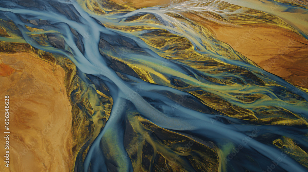 Poster high-angle shot of glacier-fed river system with vivid colors and intricate patterns
