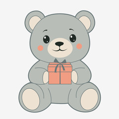 Cute Teddy Bear sitting with gift box. Outline illustration, isolated on white background