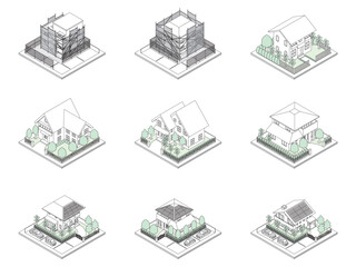 建物の立体的なイラスト. アイソメトリック画法. 線画.