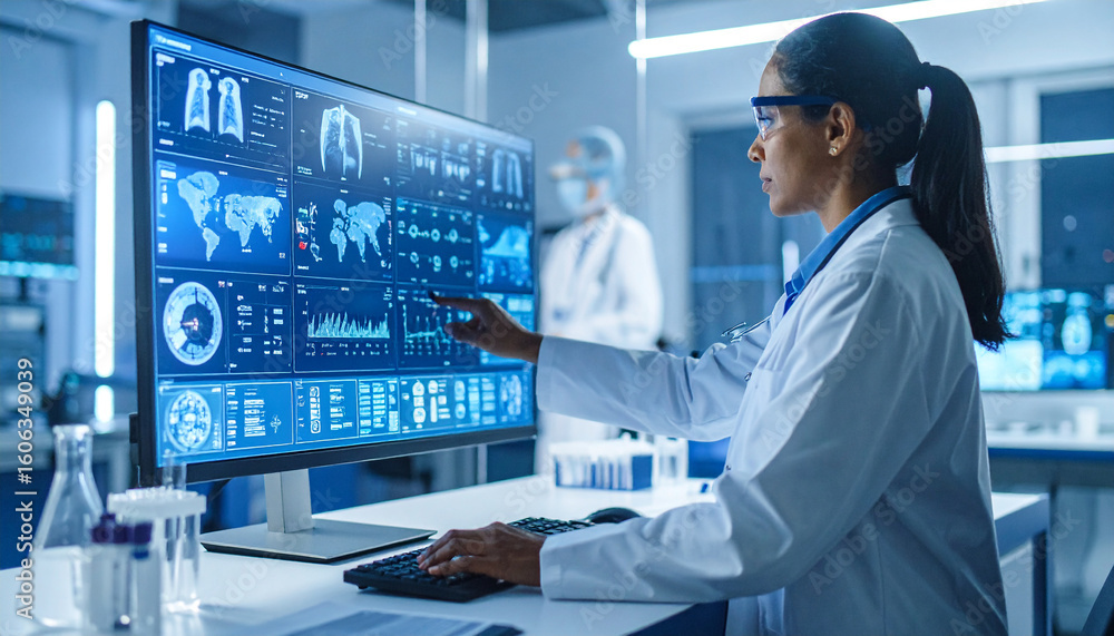 Poster tech-savvy technician: a dedicated technician meticulously analyzes intricate data on a high-tech mo