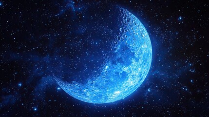 Shimmering blue crescent moon with cosmic details, celestial elements for artistic branding.