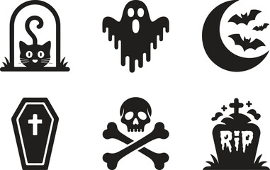 Fototapeta premium Black Halloween Icons | Ghost, Skull, Grave, Moon