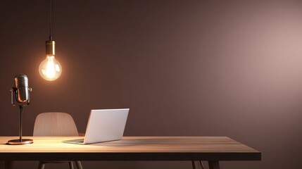 Modern workspace featuring a laptop and microphone under warm lighting on a wooden table