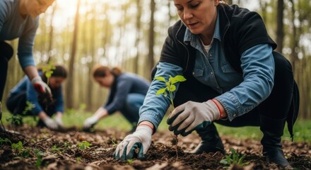 Group of Volunteers Planting Small Trees in a Forest for Reforestation