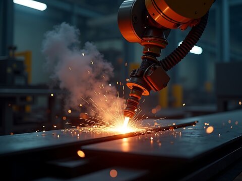 Robotic welding arm sparks automation industry manufacturing technology