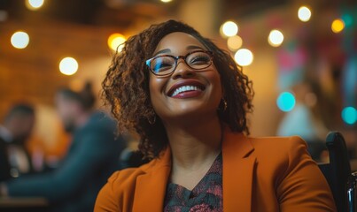 Happy candid disabled black businesswoman in a wheelchair, laughing with colleagues at an inclusive office party, promoting workplace diversity and inclusivity, Generative AI