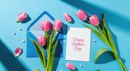 Happy Mother's Day Card with Pink Tulips and Blue Envelope, Top View