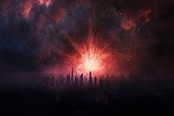 Fiery Fireworks Explode Over a Futuristic Cityscape