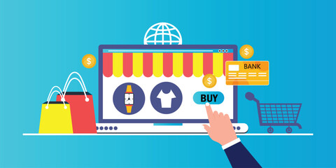 Online shopping concept on laptop, e-shopping and e-commerce, online digital store