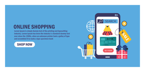 Online shopping concept on the mobile app, digital store and e-commerce with icons